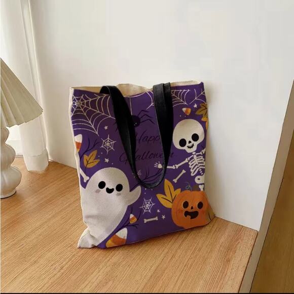 Women's Spooky Fun Halloween Skelton Pattern Canvas Tote Bag - Picture 4 of 9